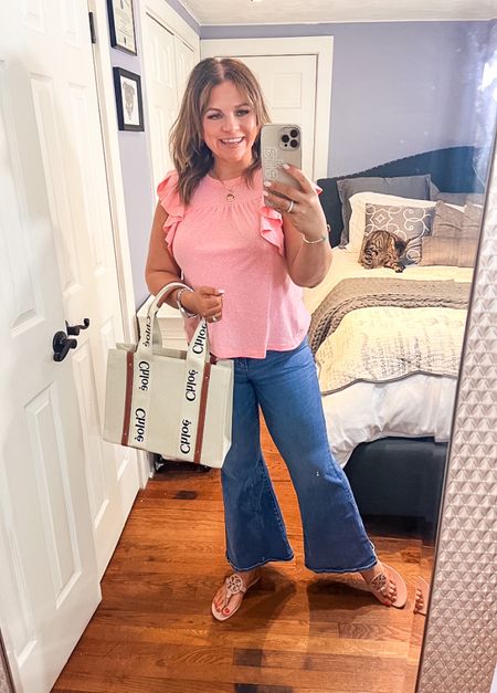 It’s April now, so I’m ALLL about spring colors! This pretty pink top is just darling! It comes in navy and gray also.
Also, I know some folks out there are still staning for skinny jeans, but these flares are just SO fun!

#LTKSeasonal #LTKFestival #LTKunder50