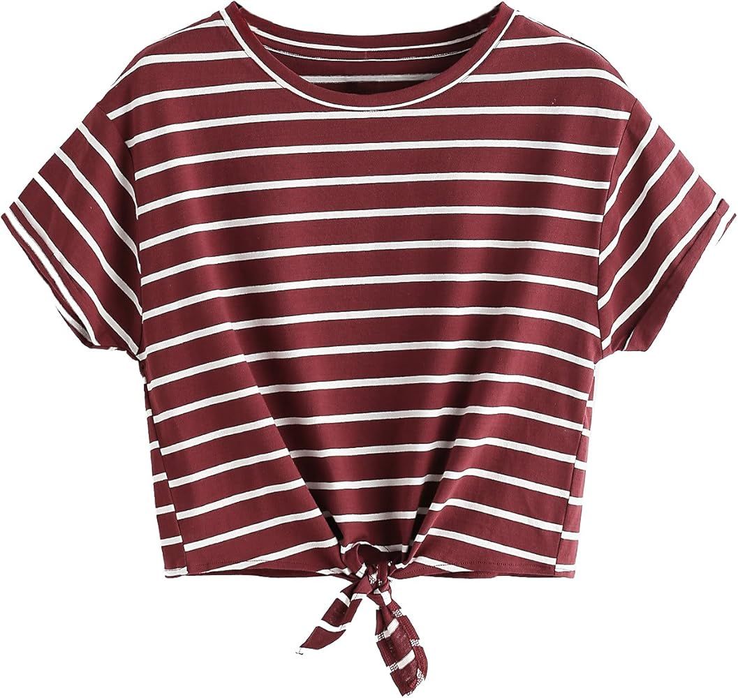 Romwe Women's Knot Front Cuffed Sleeve Striped Crop Top Tee T-Shirt | Amazon (US)