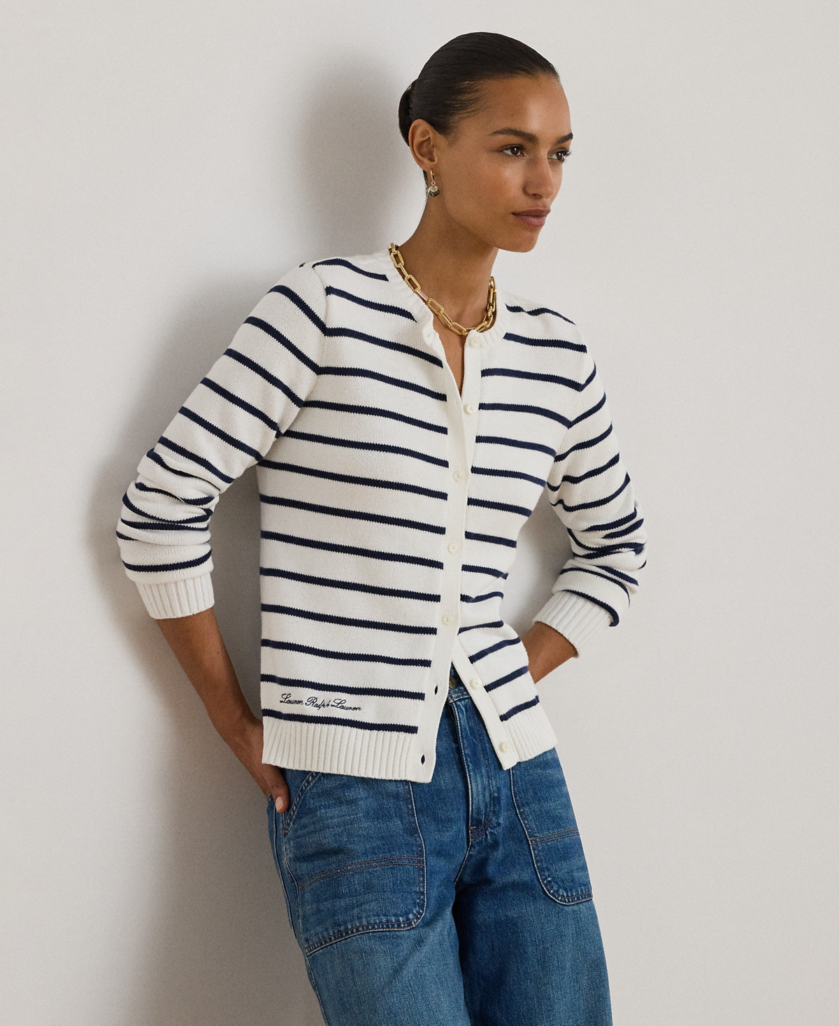 Lauren Ralph Lauren Petite Striped Cardigan - White/Refined Navy | Macy's