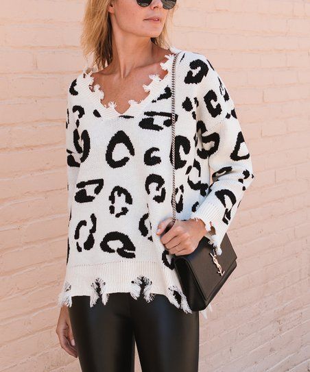 Cream Leopard Distressed V-Neck Sweater - Women & Plus | Zulily