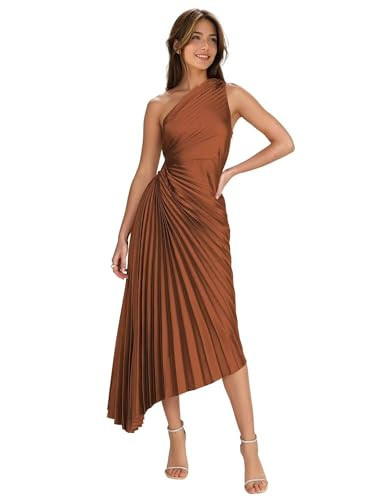 Uknztcl Burnt Orange Satin Asymmetrical A-Line Long Bridesmaid Dresses for Women Corset Ruched Burnt Orange Formal Wedding Guest Dress for Women One Shoulder Satin Pleates Maxi Dress US4 | Amazon (US)