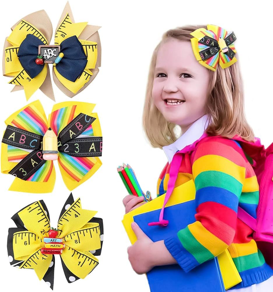 Back to School Hair Bows for girls, Yellow Pencil Apple Book Blackboard Hair Bow Clips for First ... | Amazon (US)