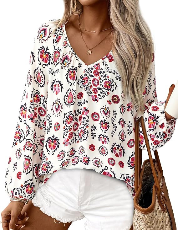 Zenlonr Women's Summer Tops Dressy Casual 2026 V Neck Satin Silk Printed Shirts Boho Long Sleeve ... | Amazon (US)