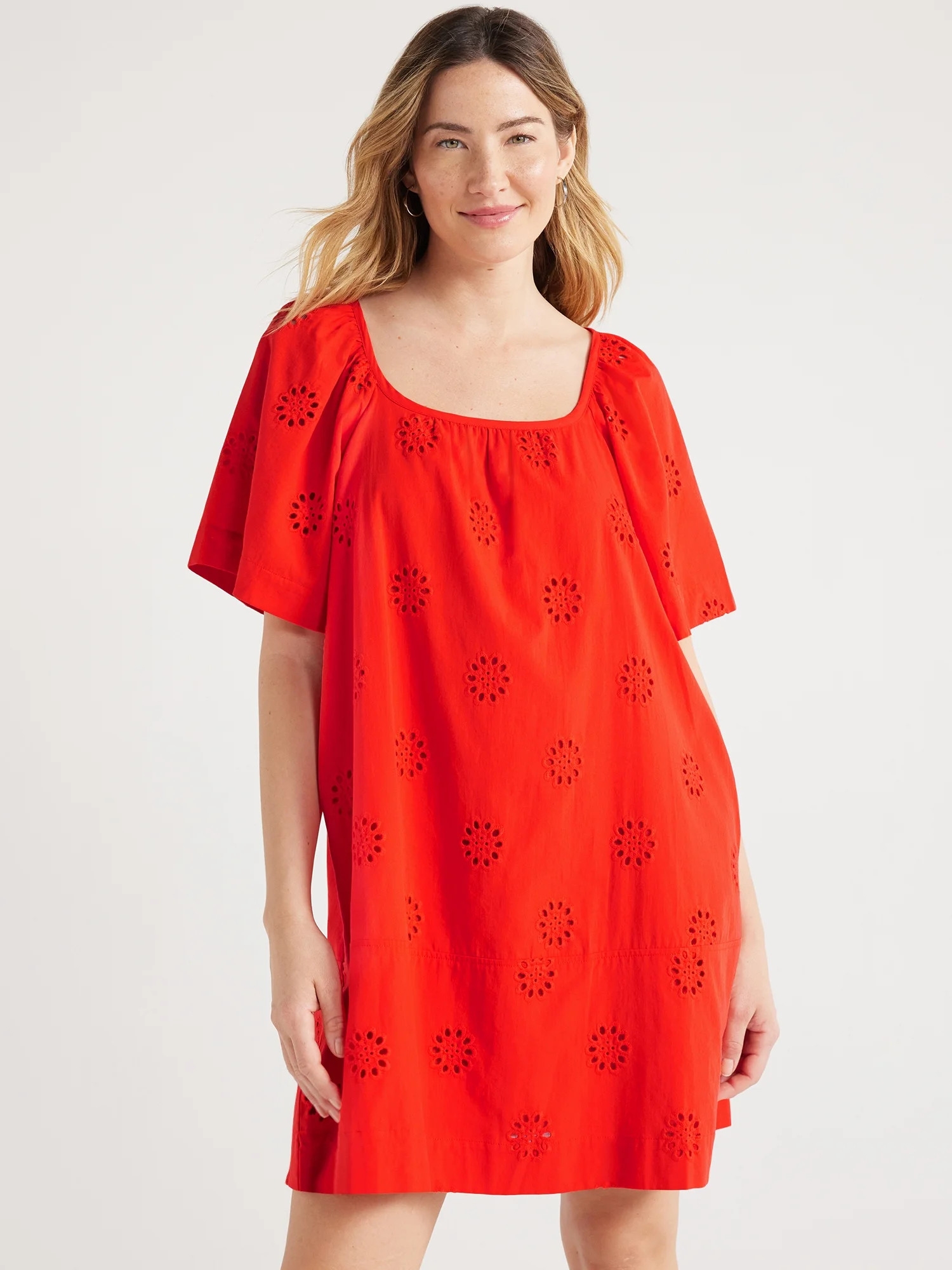 Free Assembly Women's Square Neck Eyelet Mini Dress with Short Sleeves, Sizes XS-XXL | Walmart (US)