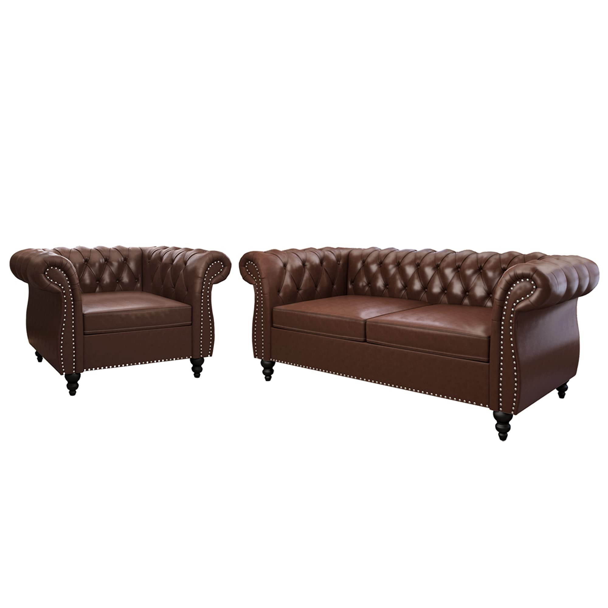 ORRD 2 Piece Living Room Set, Chesterfield Leather Sofa Couch Chair with Scroll Arms and Nailhead for Living Room, Office (Dark Brown) | Amazon (US)