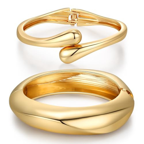 2Pcs Chunky Gold Bangle Bracelets for Women Trendy 14K Gold Plated Cuff Bracelets Stack, Dainty Gold Bracelet Sets Non Tarnish Fashion Jewelry Gift | Amazon (US)