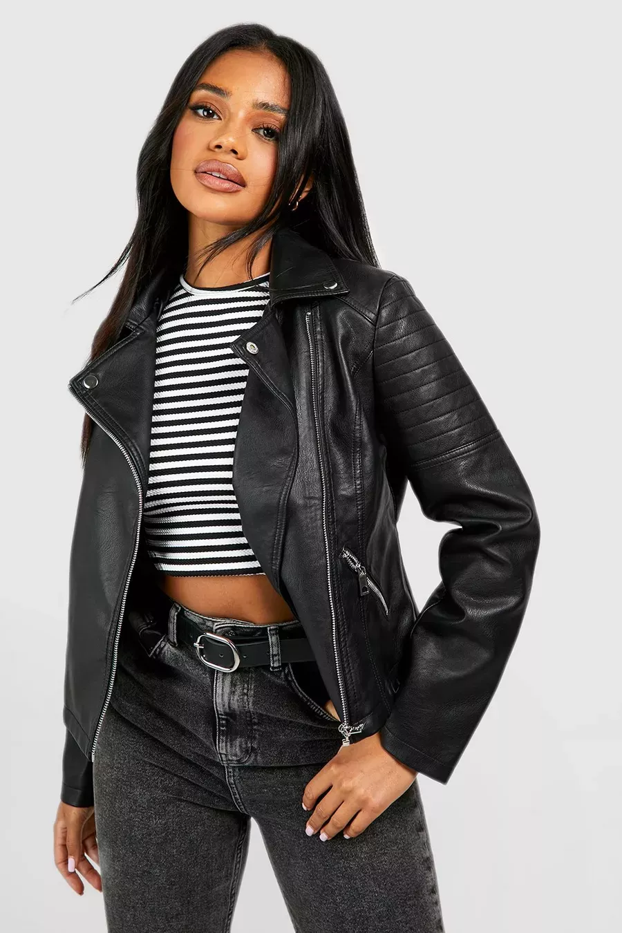 Leather jacket boohoo sale