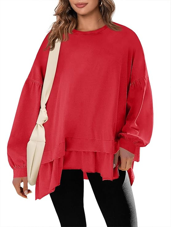 Tankaneo Womens Oversized Tops Peplum Puff Long Sleeve Shirts Trendy Casual Loose Fit Crew Neck T... | Amazon (US)