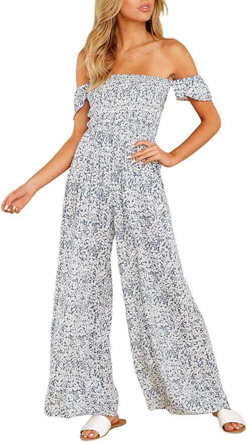 Amegoya Women's Sexy Off Shoulder Floral Print Romper Casual Drawstring Wide Leg Pants Jumpsuit | Amazon (US)