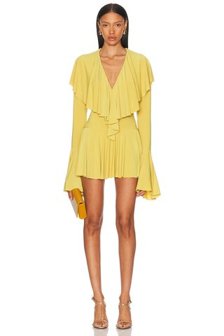 Norma Kamali Long Sleeve Deep V Ruffle Mini Dress in Asparagus | FWRD | FWRD 