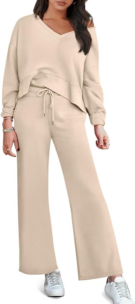 Prinbara Women's Two Piece Outfits Sweatsuit Set Casual Long Sleeve V Neck Top Wide Leg Pants Mat... | Amazon (US)