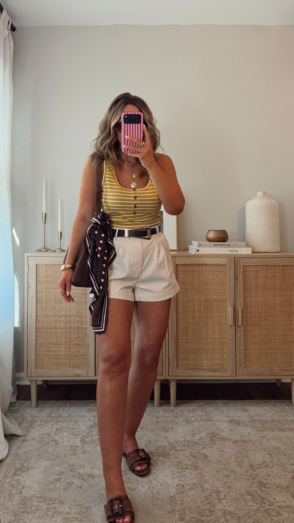 elevated casual spring outfit idea that’s all amazon! 😍 love the colors in this perfect for spring. i’m in a size M top, this runs big, size down! love these shorts, the fabric + length is so nice. i’m in a size M. my sandals are so similar to a designer style. for anything vici code LEANN35 is active & saves $$! amazon fashion, amazon outfit 

#LTKgrwm #LTKootd