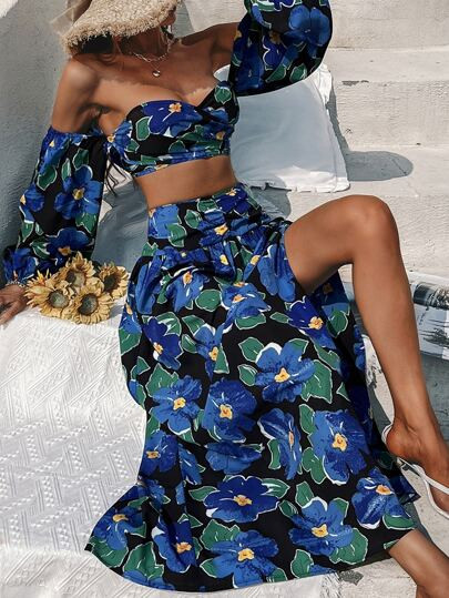Floral Print Off Shoulder Crop Top & Ruched Split Thigh Skirt | SHEIN