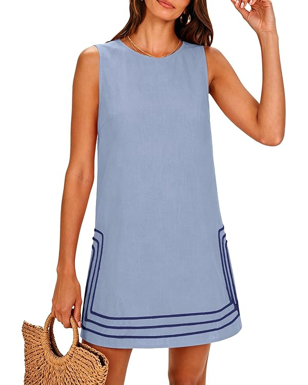 Lentta Womens Summer Boho A-Line Mini Dress Casual Color Block Crewneck Sleeveless Sundress Beach... | Amazon (US)
