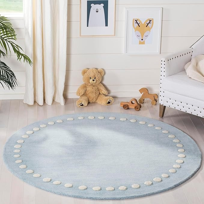 SAFAVIEH Kids Collection 5' Round Blue/Ivory SFK802M Handmade Polka Dot Border Wool Area Rug | Amazon (US)
