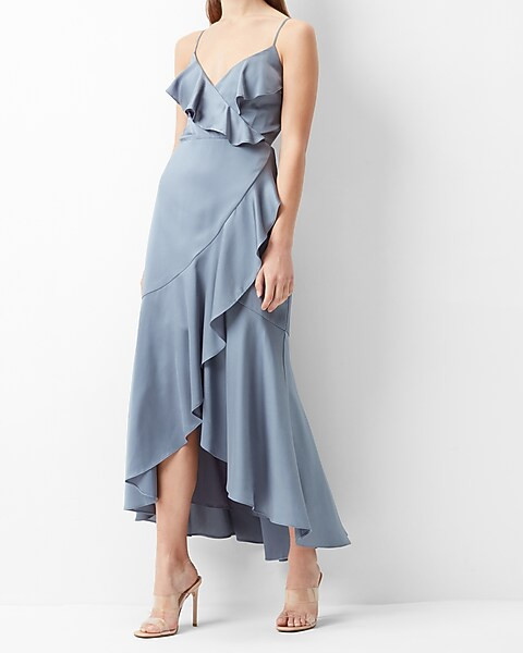 Satin Ruffle Wrap Hi-Lo Maxi Dress | Express