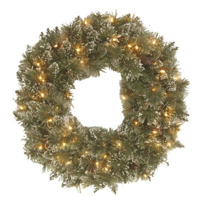 National Tree GB3-300-24with 1 24 in. Glittery Bristle Pine Wreath with 50 Clear Lights | Unbeatable Sale