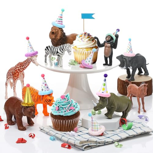 Colingmill 18 Pcs Jungle Animal Birthday Party Decorations Mini Birthday Hat Animal Figure Model Cake Toppers with Mini Hat for Birthday Party, Wild Animals Themed Party | Amazon (US)