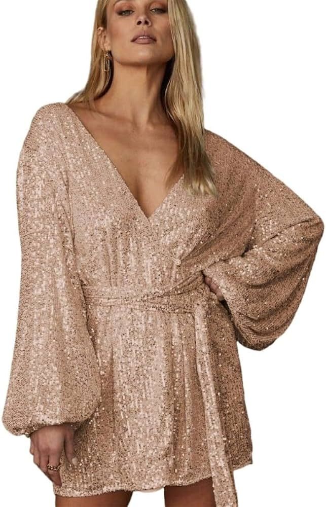 Womens Glitter Sequins V-Neck Long Sleeve Mini Party Dress Clubwear Y2K Belted Dresses Low Cut Dr... | Amazon (US)