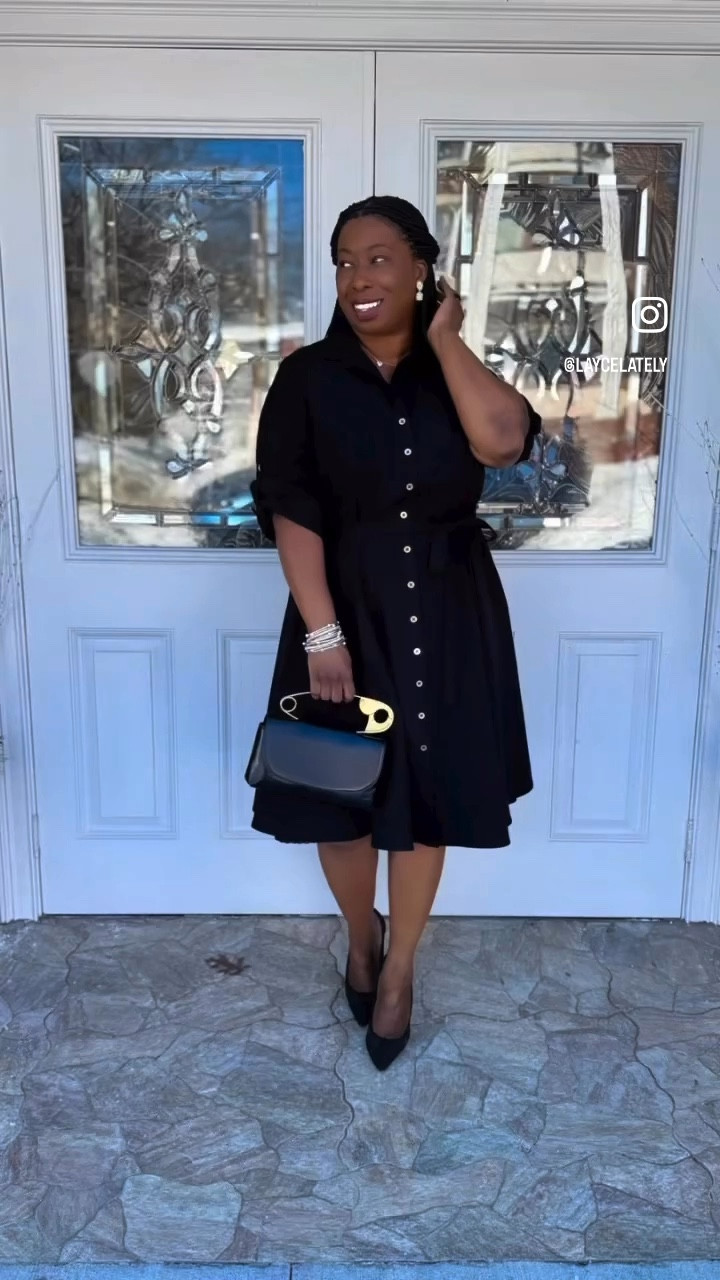 This black classic button down dress is so chic, and can be worn to so many places. It comes in great colors and has pockets. 

I added this safety pin clutch for an added pop to my accessories. 

#LTKMidsize #LTKootd #LTKPlusSize