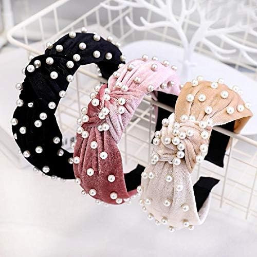 3 Pack Velvet Wide Headbands Knot Turban Headband Vintage Hairband with Faux Pearl Elastic Hair Hoop | Amazon (US)