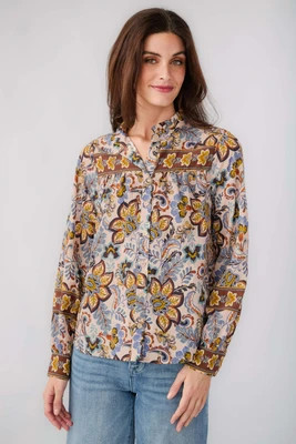 Fate Border Print Ruffled Button Down Top | Social Threads