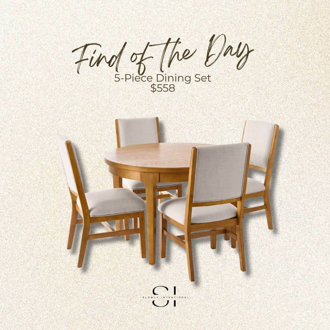 Perfect for a mah-jongg table or an Airbnb or a small little breakfast nook five pieces for this unbeatable price! Walmart home, Dining room set, round dining table, mid-century modern decor, warm wood furniture, small space solutions, neutral home aesthetic, affordable furniture, upholstered dining chairs, kitchen table ideas, modern traditional

#LTKHome