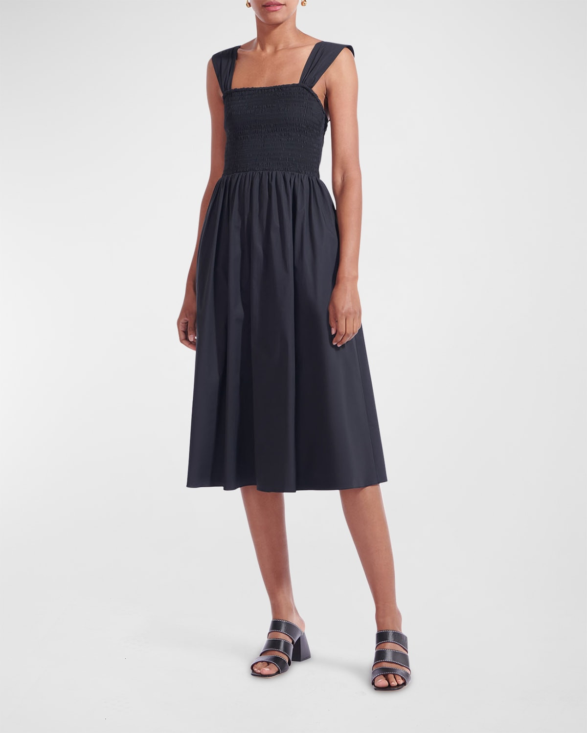 Ida Sleeveless Smocked Midi Poplin Dress | Neiman Marcus