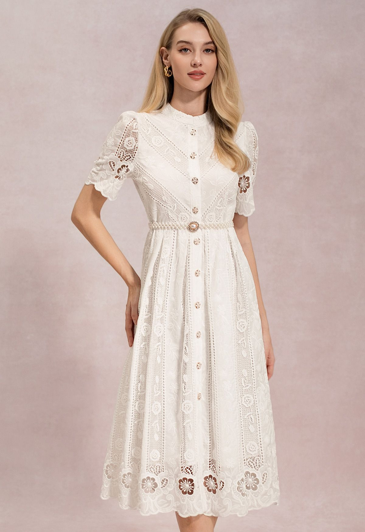 Floral Cutwork Embroidery Pearl Belt Midi Dress in White for Coastal Getaways & Beachside Dinners | Chicwish