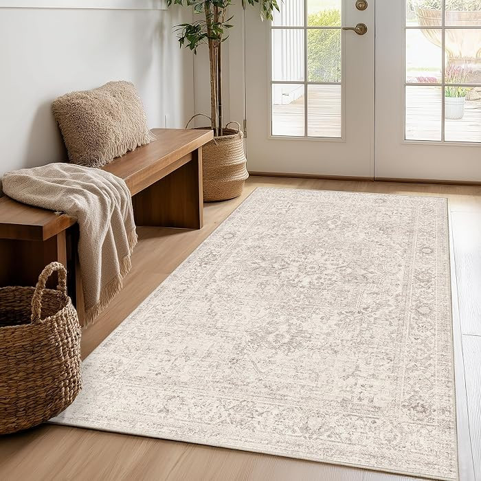 Fmfunctex 4x6 Washable Area Rug Neutral Vintage Beige Distressed Non Slip Low Pile Tapis Salon Tr... | Amazon (CA)