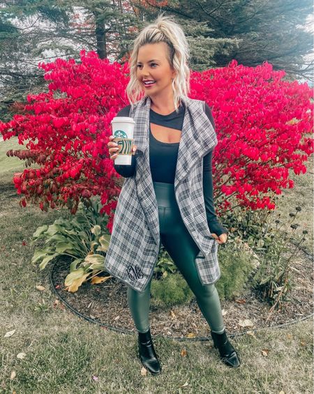 Cozy fall look with gorgeous green leggings from Carbon 38 and a cozy plaid vest. I love this long sleeve cut out bodysuit. 

#LTKfindsunder50 #LTKstyletip #LTKSeasonal