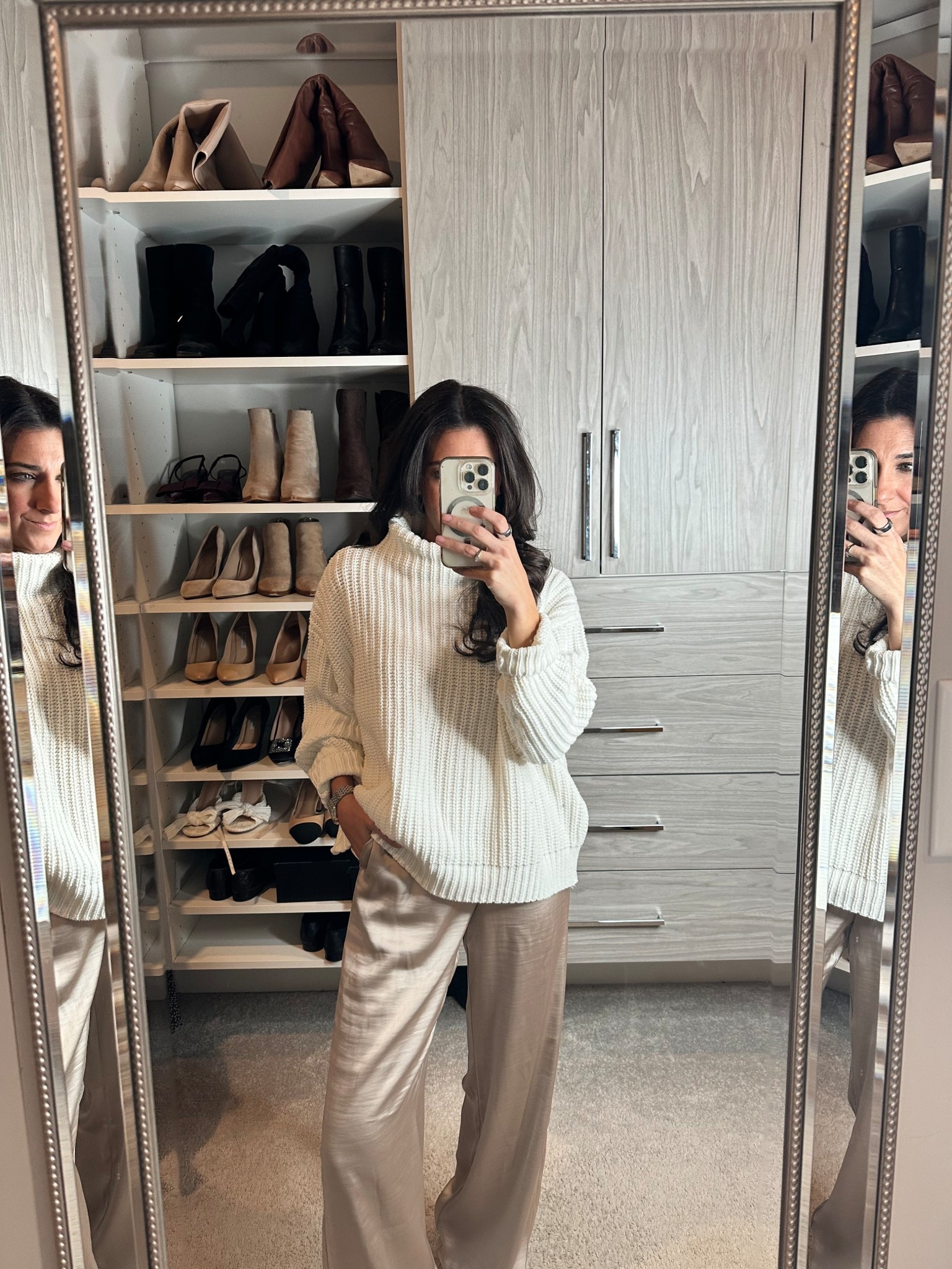 Holidays at home outfit with satin pants and a chunky sweater 

#LTKHoliday