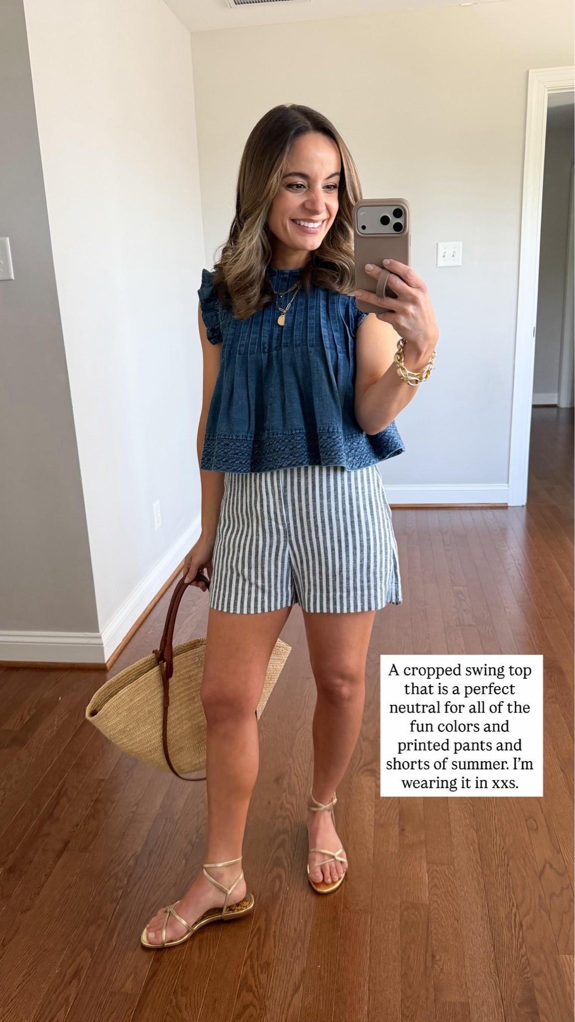 I heard you were looking for summer tops you can wear untucked! 

Chambray top: xxs
Linen striped shorts: xxs 

My measurements for reference: I’m 4’10” and 105lbs. My bust, waist, and hip measurement is 32”, 24”, and 36”.
