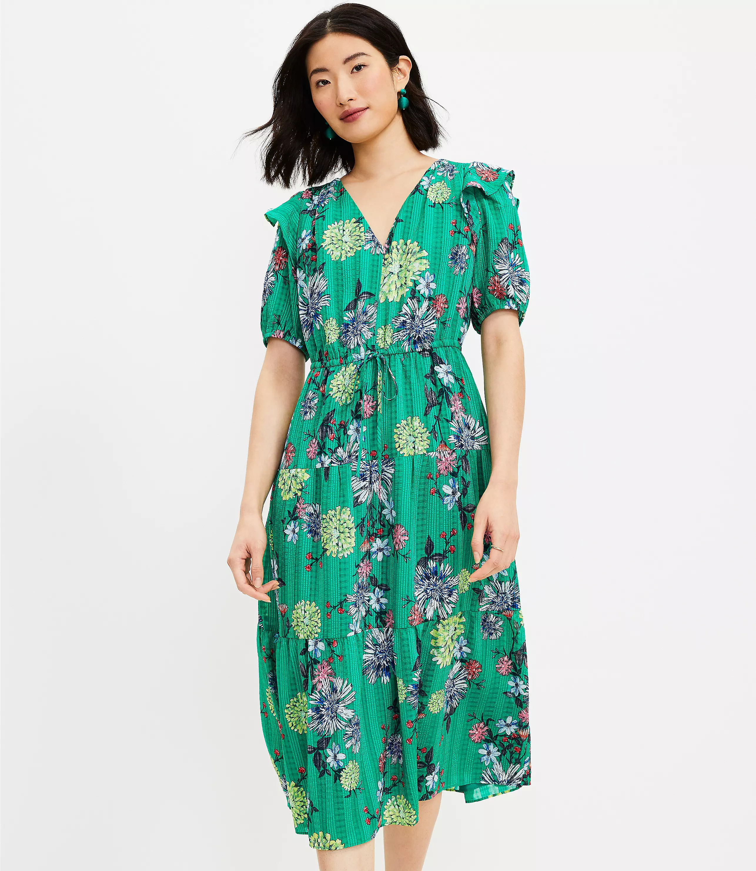 Floral Ruffle V-Neck Midi Dress | LOFT