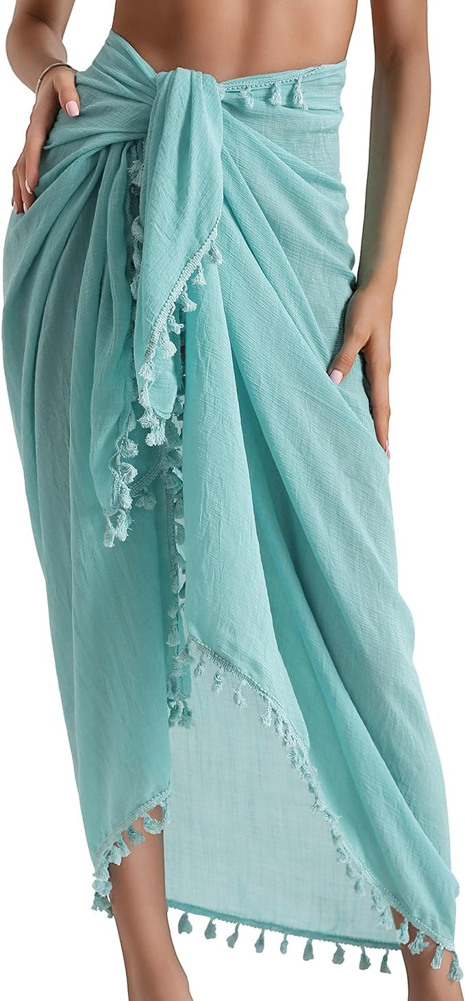 Beach Sarong Pareo Womens Semi-Sheer Swimwear Cover Ups Short Skirt with Tassels | Amazon (US)