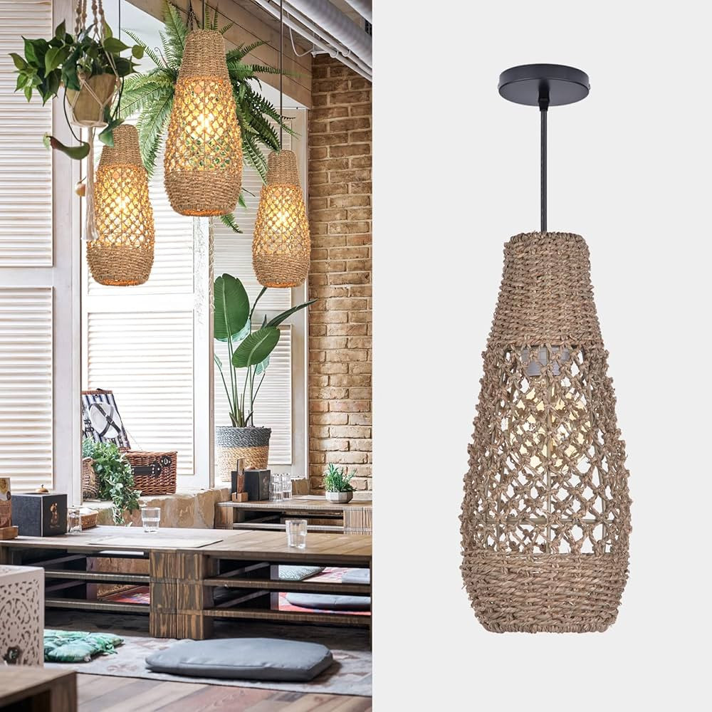 Boho Rattan Pendant Light Fixtures, Mini Farmhouse Natural Chandelier Lighting, Retro Wicker Hang... | Amazon (US)