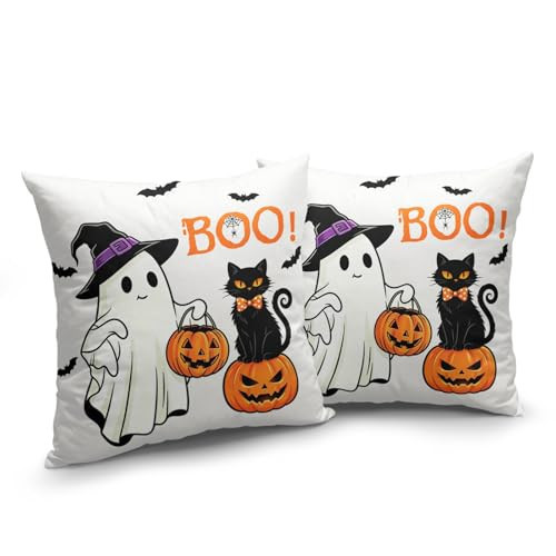Cryfox Halloween Pillow Covers 20x20 inch Set of 2 Cute Ghost Black Cat Throw Pillow Cover Boo Pumpkin Pillowcase Home Decor Square Cushion Pillow Cases for Sofa Couch Bed | Amazon (US)