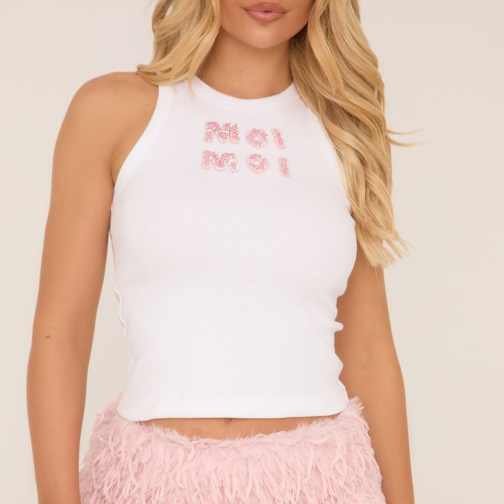 Pink Diamante Moi Moi Slogan Sleeveless Top In Cream Rib | EGO (UK)
