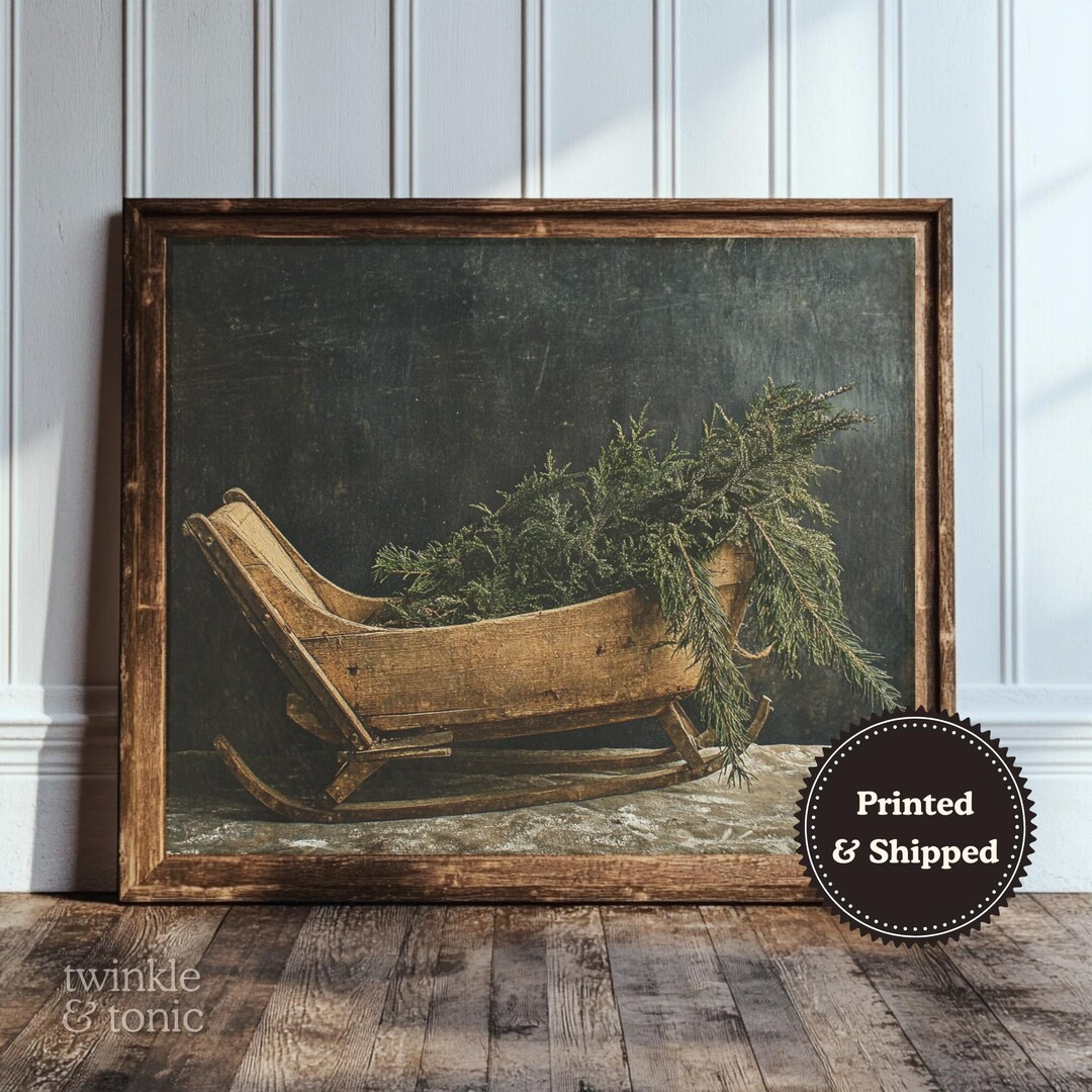 Christmas Sled Painting, Rustic Farmhouse Wall Art, Moody Holiday Print, Antique Neutral Decor, V... | Etsy (US)