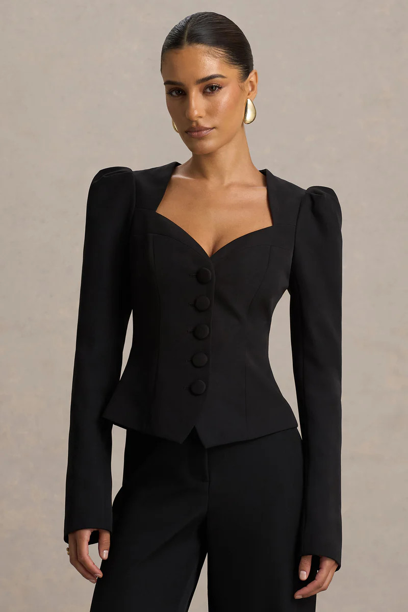Olympia  Black Sweetheart-Neck Tailored Top | Club L London