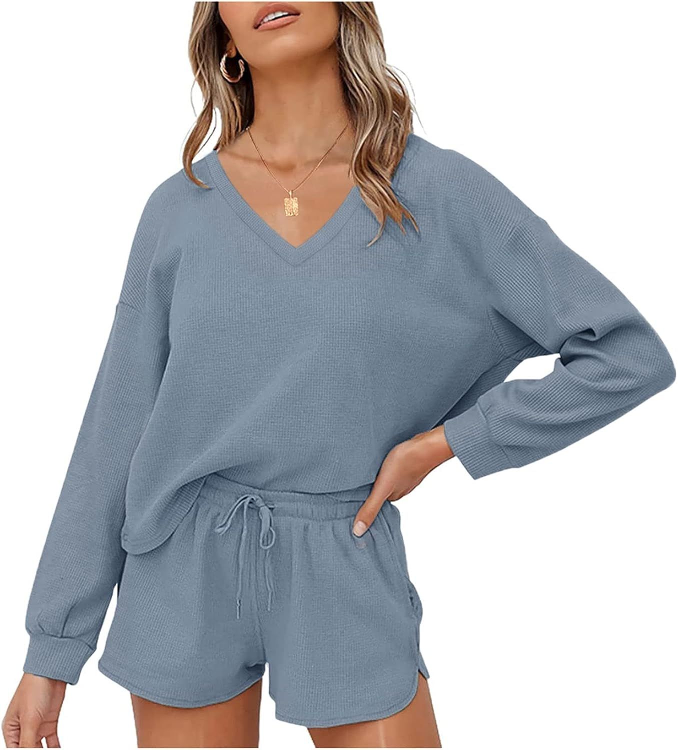 MEROKEETY Women's Long Sleeve Waffle Lounge Sets V Neck Top and Shorts 2 Piece Pajama Set Outfits | Amazon (US)