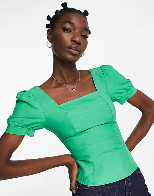 Whistles puff sleeve structured top in green | ASOS (Global)