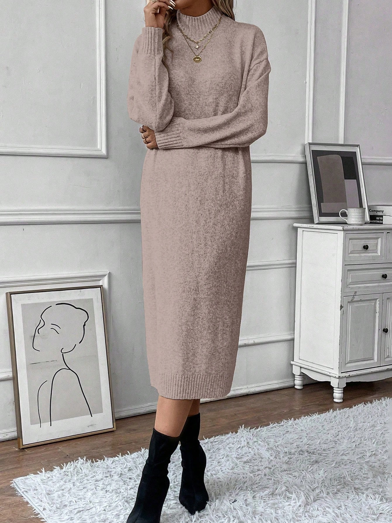 SHEIN Essnce Mock Neck Drop Shoulder Sweater Dress | SHEIN