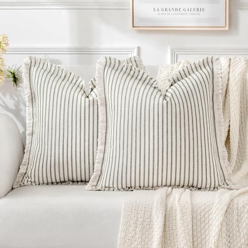 MIULEE Pack of 2 Olive Green Pillow Covers 26x26 Inch Striped Farmhouse Couch Spring Throw Pillow Covers with Fringe Chic Linen Decorative Cushion Covers for Sofa Living Room Bed Home Decor | Amazon (US)