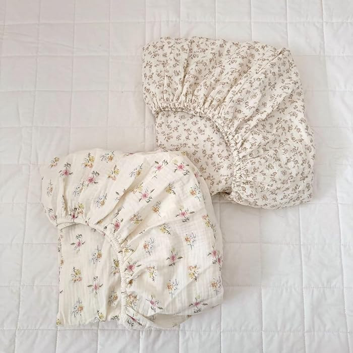 BuLuTu Muslin Floral Print Crib Sheets 2 Pack, Soft Breathable 100% Cotton Neutral Fitted Sheets ... | Amazon (US)