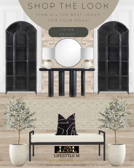 Transitional Foyer Idea. Black metal upholstered bench, white terracotta tree planter pot, realistic faux fake tree, black throw pillow, beige traditional vintage runner rug, black cabinet storage, black modern console table, round table lamp, round mirror

#LTKFind #LTKhome #LTKstyletip