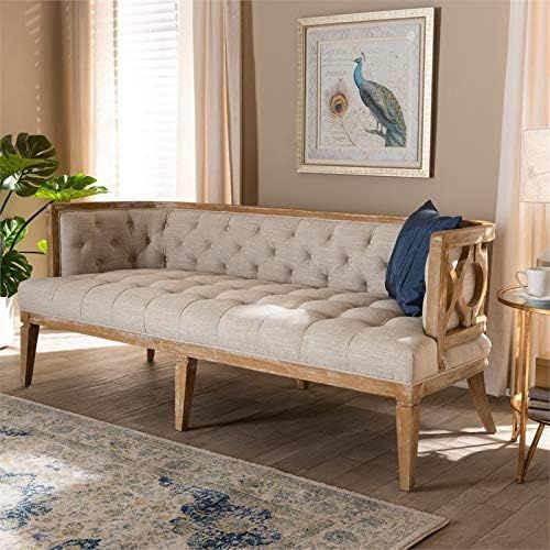 BOWERY HILL Tufted Linen Fabric and White-Washed Oak Wood Sofa in Beige | Amazon (US)