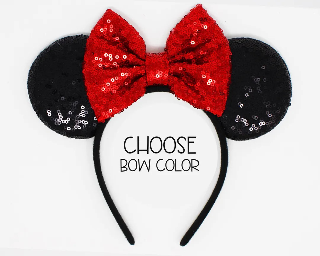 Black Sequin Mouse Ears With 5" Bow | Custom Color Headband - Etsy | Etsy (US)