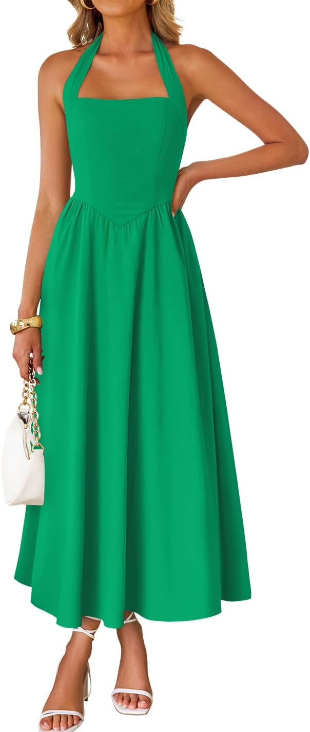 ZESICA Women's Summer Sleeveless Halter Midi Dress 2026 Off Shoulder High Waist Flowy Beach Weddi... | Amazon (US)