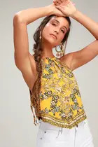 Sofia Golden Yellow Floral Print Halter Crop Top | Lulus (US)